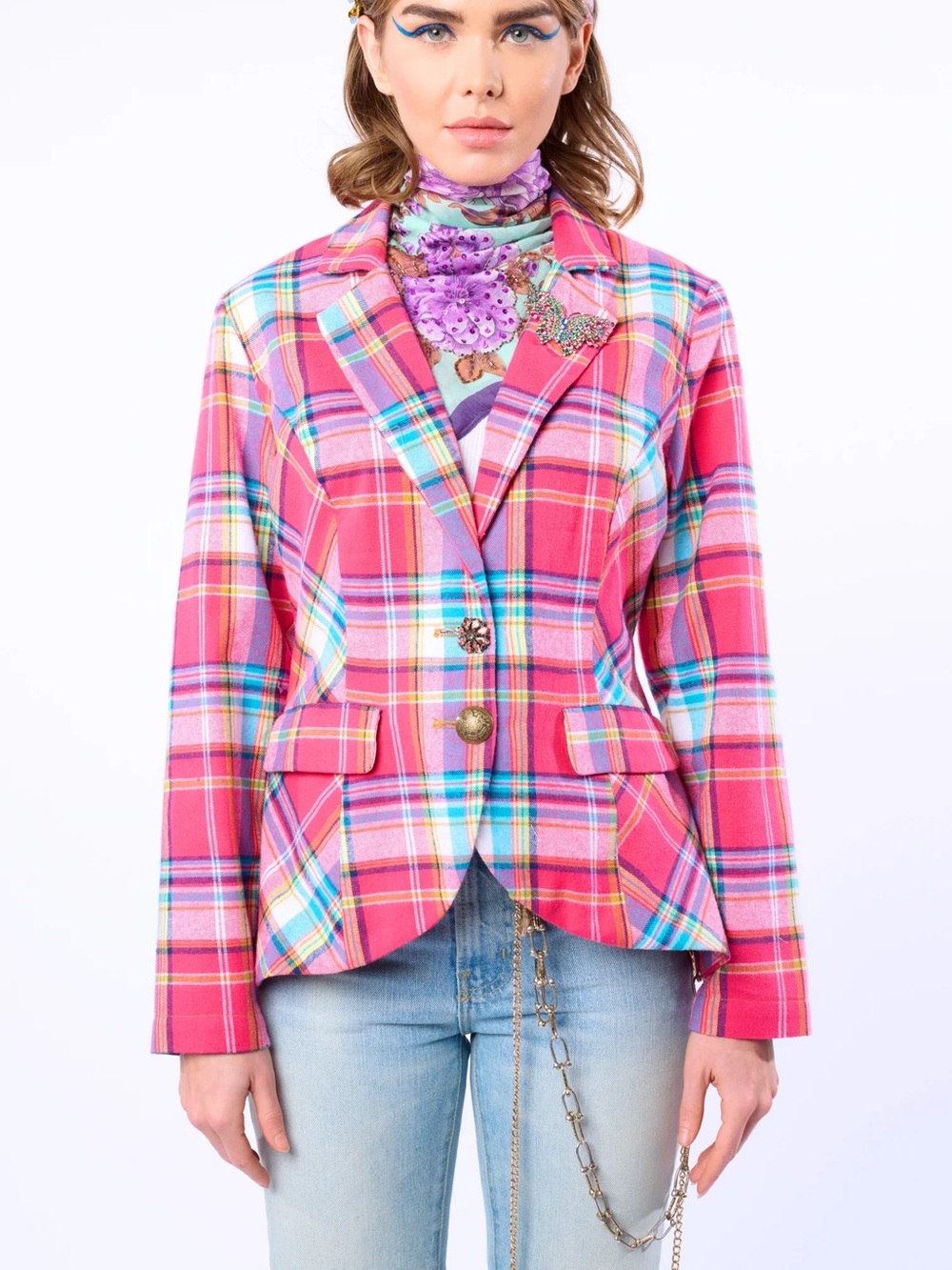 Aratta NWT Large Dulce Plaid Blazer In Pink